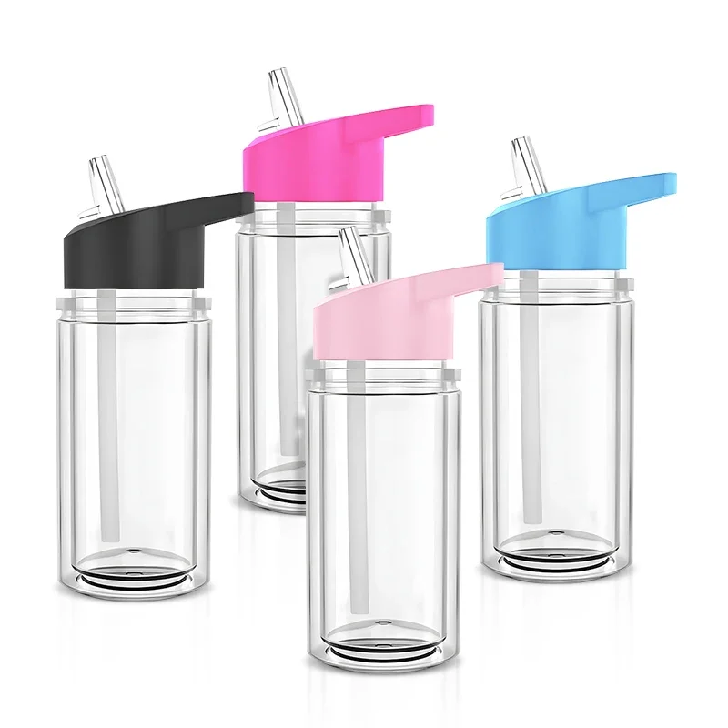 New Arrival 10oz  Double Wall Clear Plastic Acrylic Pre-Drilled Hole With Stopper Sippy Snow Globe Kid Water Bottle DIY Gift