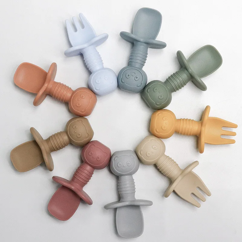 Baby Silicone Lick Fork Spoon Baby Training Predator Fork Spoon Short Handle Learn Molar Eating Magic Tool Silicone