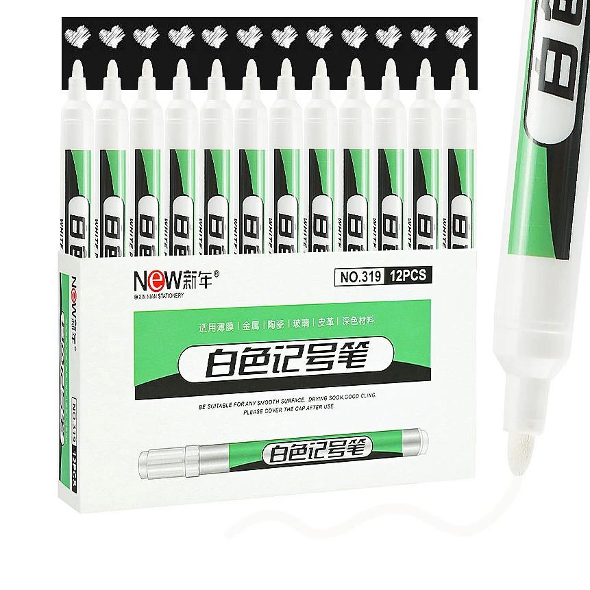 White Permanent Marker Waterproof Paint Pen For Woods Tyre Leather Fabric Metal Mark Fine Point Opaque Oil Based Ink