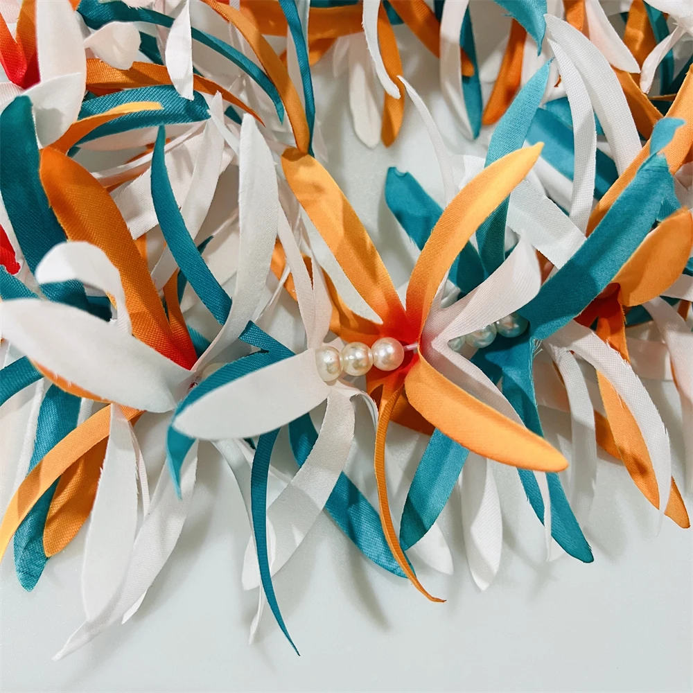 High Quality Artificial Silk Spider Lily Thick Flower w White Bead Necklace Hawaiian Lei for Aloha Hula Dance