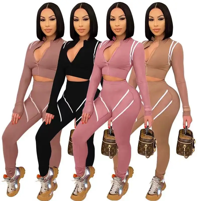 
 Женский спортивный костюм J & H, пуловер с V-образным вырезом, укороченный топ на молнии и брюки в полоску с высокой талией, замшевая одежда для отдыха, осень 2021  