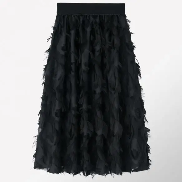 Creative Womens Umbrella Skirt Feather Fringe High Elastic Waist Midi A-Line Swing Skirt Cute Irregular Multi-Layer Cake Skirt