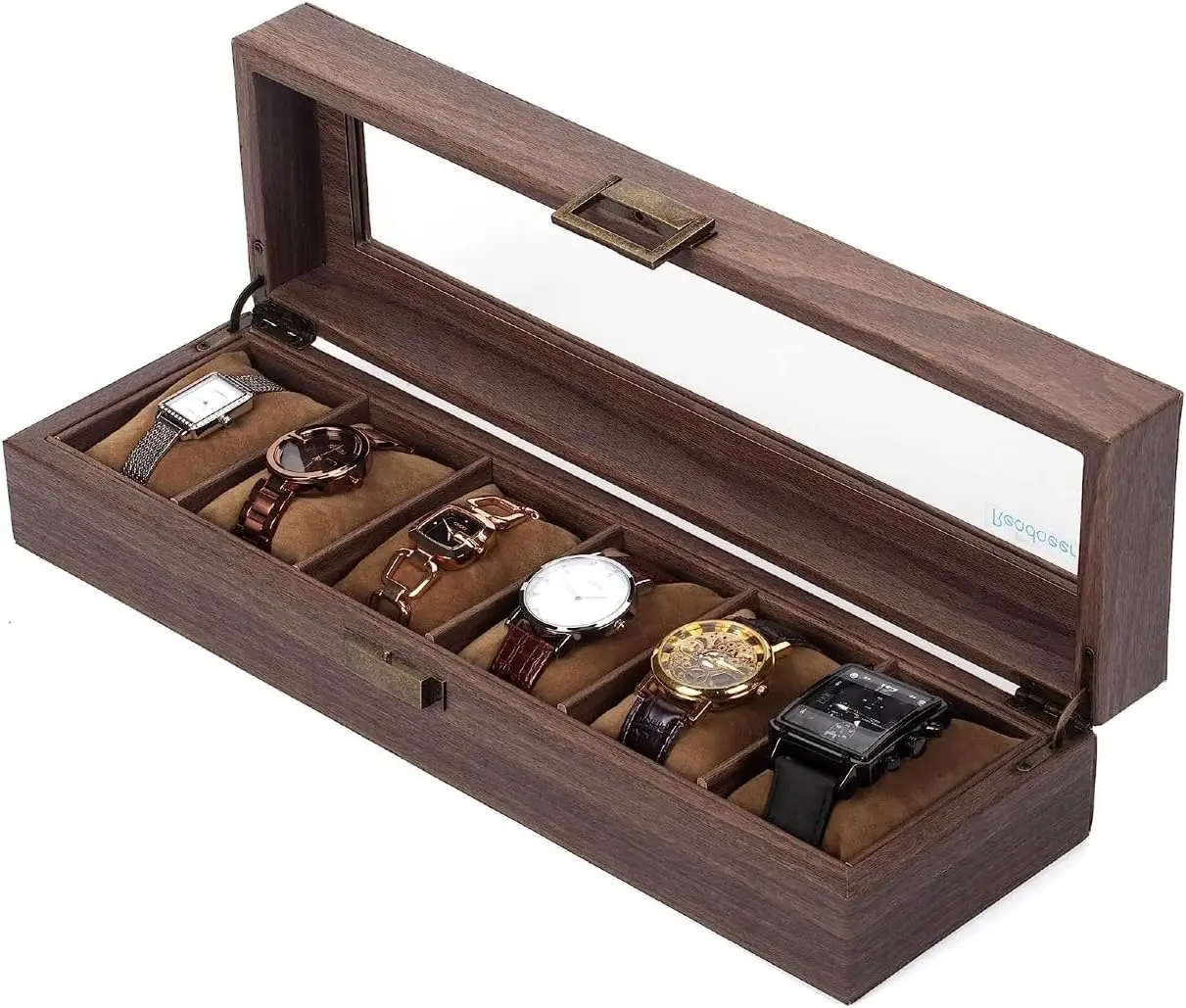 6 Slot Wooden Watch Display Case Watch Holder with Glass Top Mens Wooden Watch Box Organizer