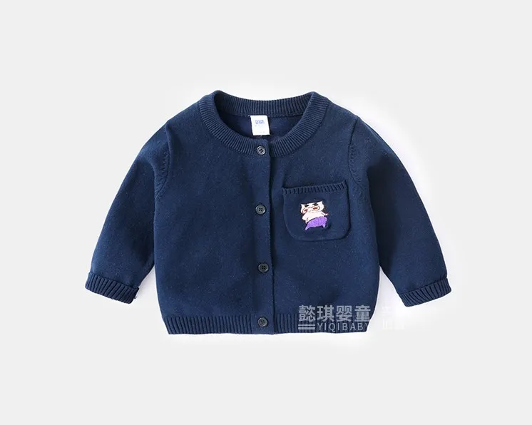 
Cartoon Embroidery kids clothing Knitted babies sweater cardigan with pocket for autumn 