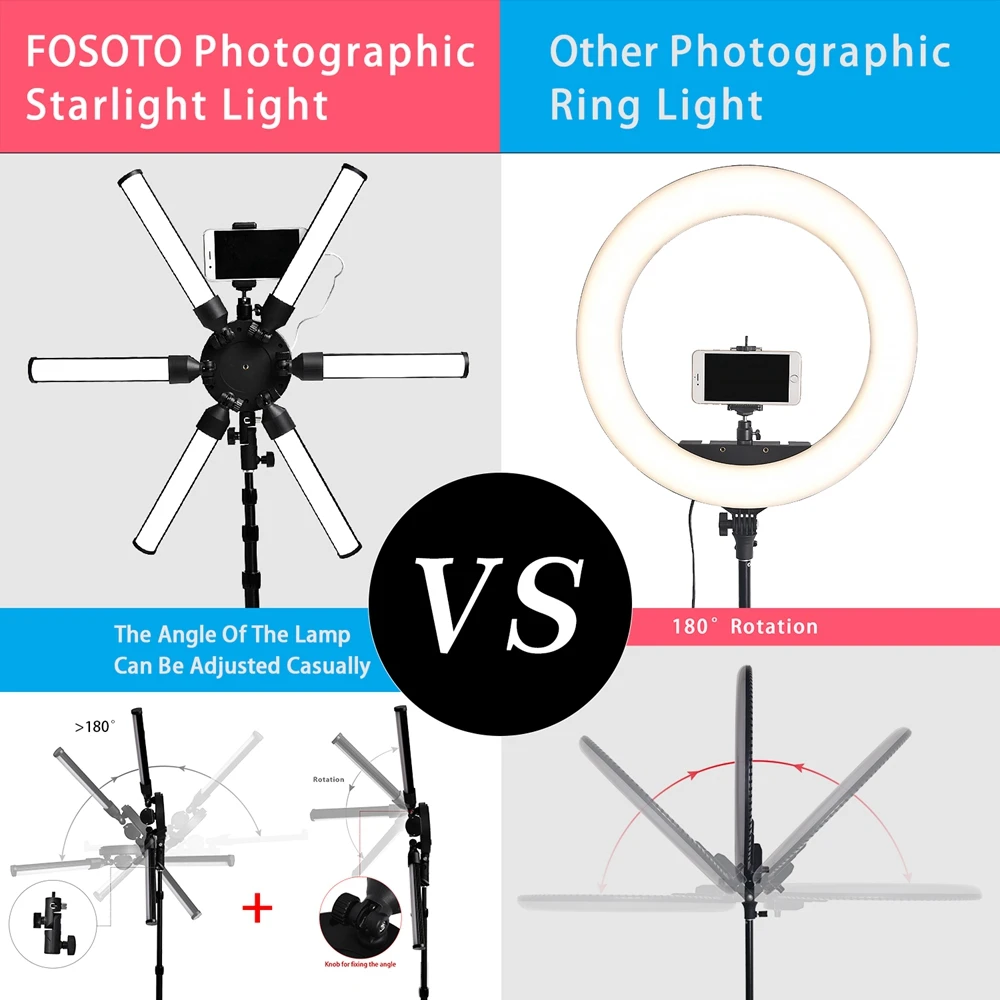 FOSOTO FT-06 MINI Multimedia Extreme Star Light Lamp 3200-5600K 6 tubes Led Ring Light with Tripod For Camera Phone makeup