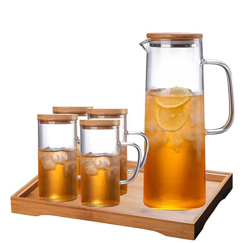 Cheap Price Original Factory Glass Water Pitcher Glass Jug Cups With Wood Tray Sets Manufacturers