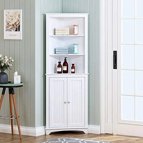 White Free Standing Corner Storage Cabinet for Bathroom Kitchen Living Room or Bedroom
