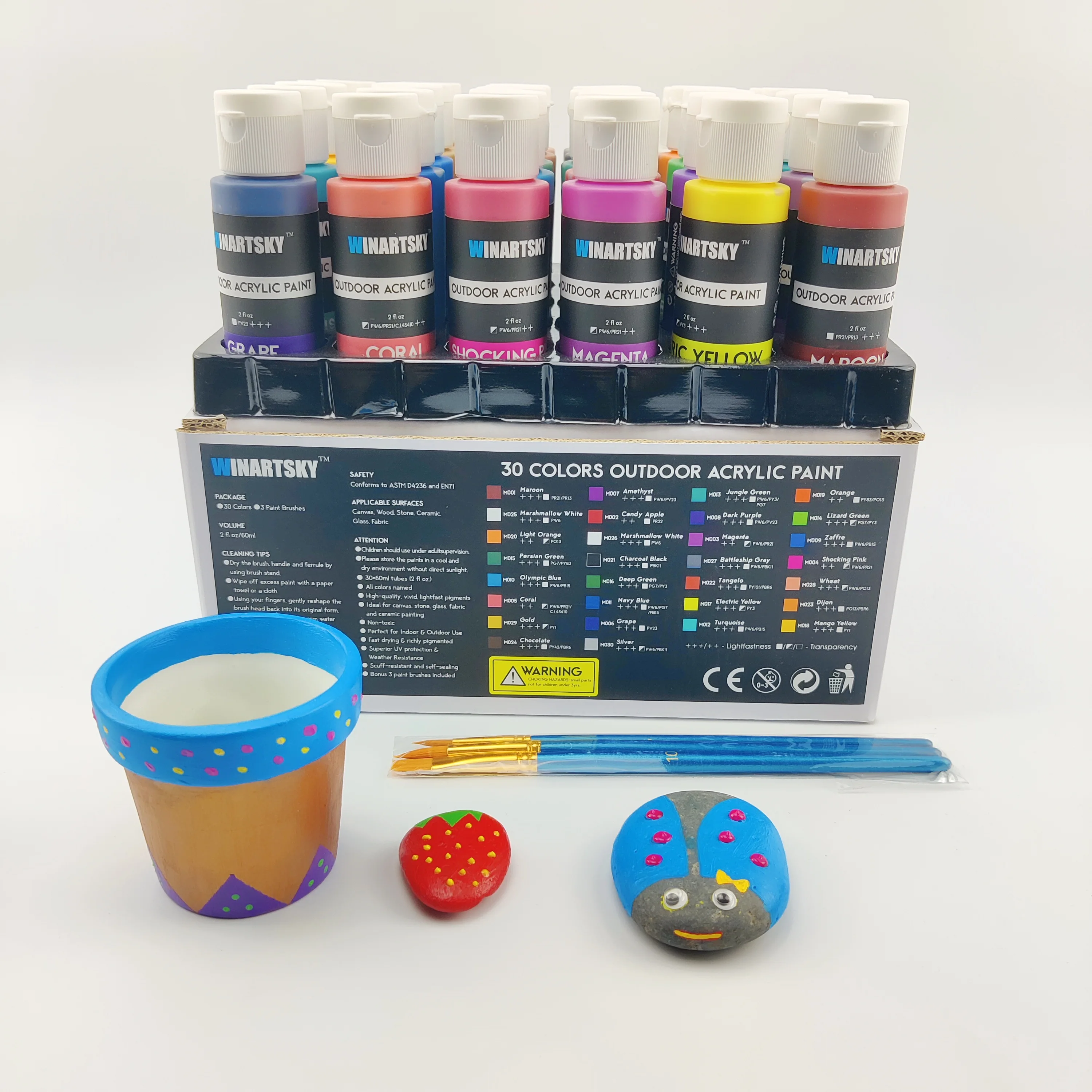 Акриловая краска для улицы набор из 30 цветов (60 мл 2 унции) Крафт-краска с 3 кисточками крафт-рисования своими