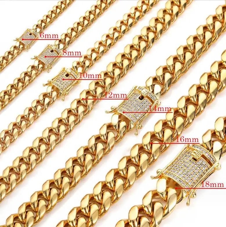 PVD 6-18mm Custom size best seller chain Jewelry Cuban Chain Necklace Iced Cuban Link Necklace 18k Gold Stainless Steel chain