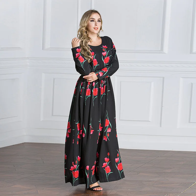 Plus size muslim long sleeve gown rose printed muslim woman dress latest burqa designs