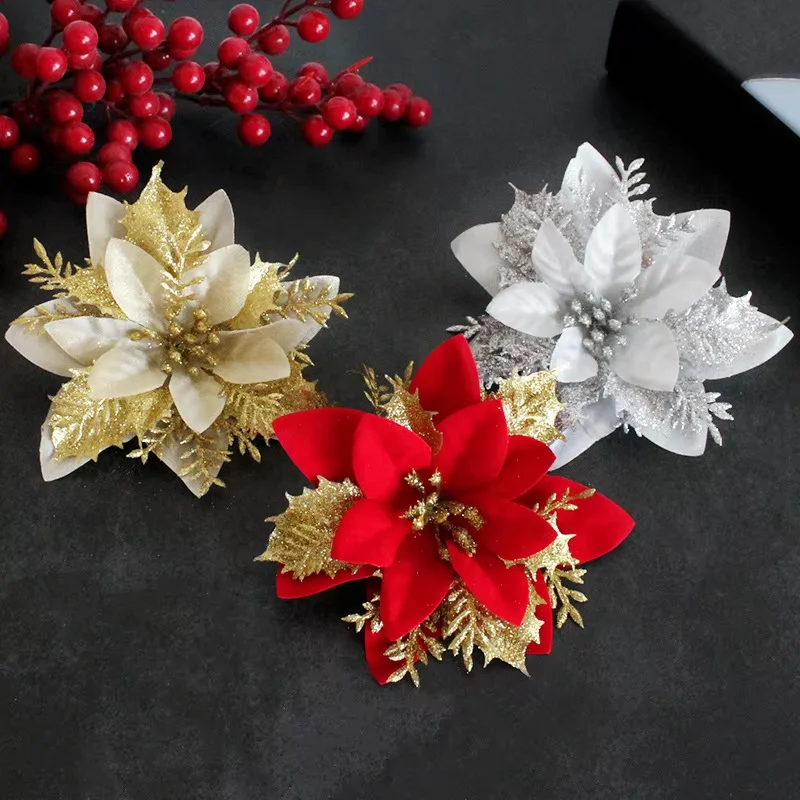 Artificial Christmas Flower Artificial Decoration Poinsettia Large Tree Glitter Poinsettias Christmas Flowers