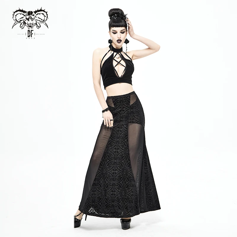 SKT068 Cross shape mesh spliced stretchy Gothic pattern sexy women velvet long half skirt