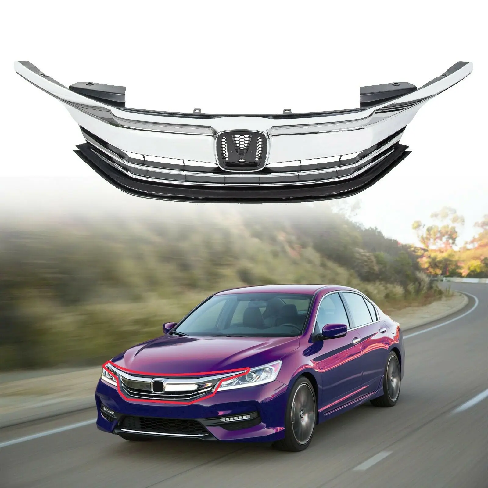 For 16-17 Honda Accord Sedan 4D ABS Front Grille Upper Hood Grille Assy Chrome