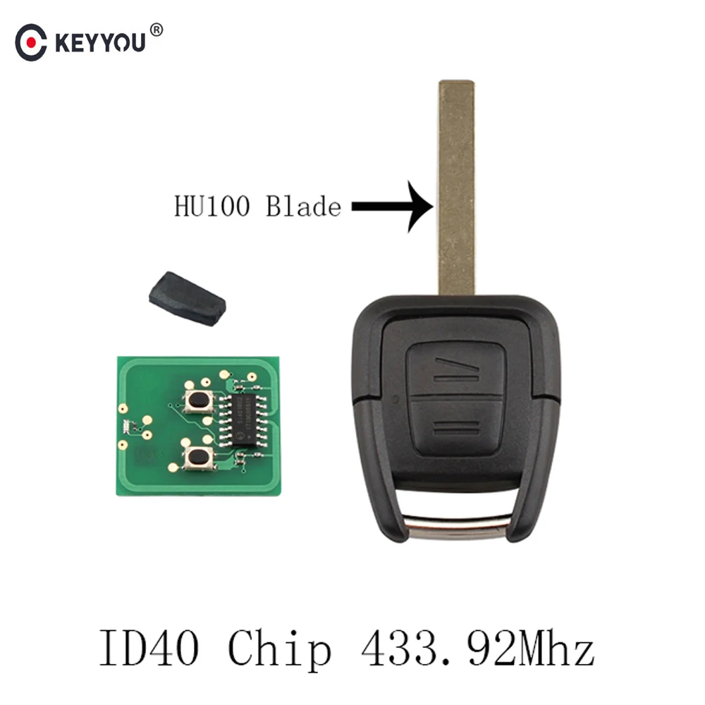 Брелок KEYYOU для автомобильного ключа с 2 кнопками, чип ID40 для Vauxhall Opel Astra Vectra Zafira ASK 433 МГц, необработанное лезвие HU100