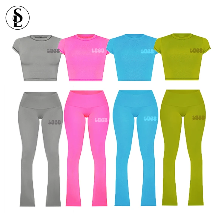 2024 Fold Over Flared Leggings Set Custom LOGO Women Sets High Quality Cotton Shirts Clothing Women Two Pieces Loungewear Sets