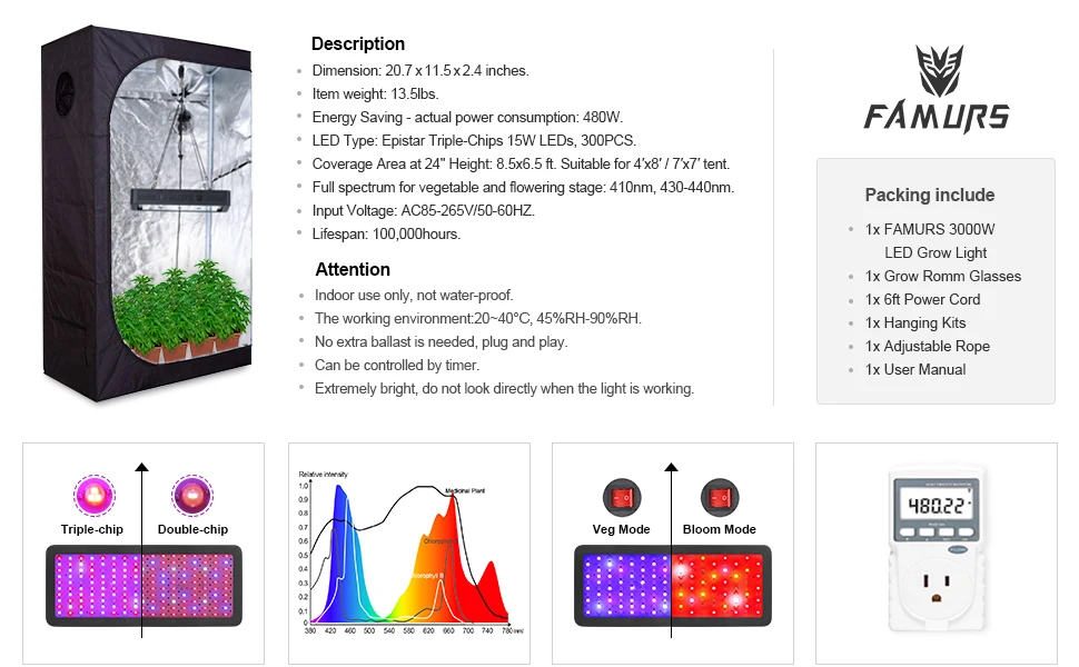 US/EU WAREHOUSE ,DUTY FREE ,FAMURS Triple Chips 3000W Led Plant Grow Light for Hydroponic greenhouse horticulture indoor plants