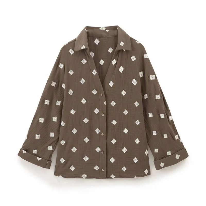 Женская одежда TAOP & ZA 2024 летняя новая французская Ретро Рубашка с длинными рукавами отворотом и вышивкой 2878664 3427664