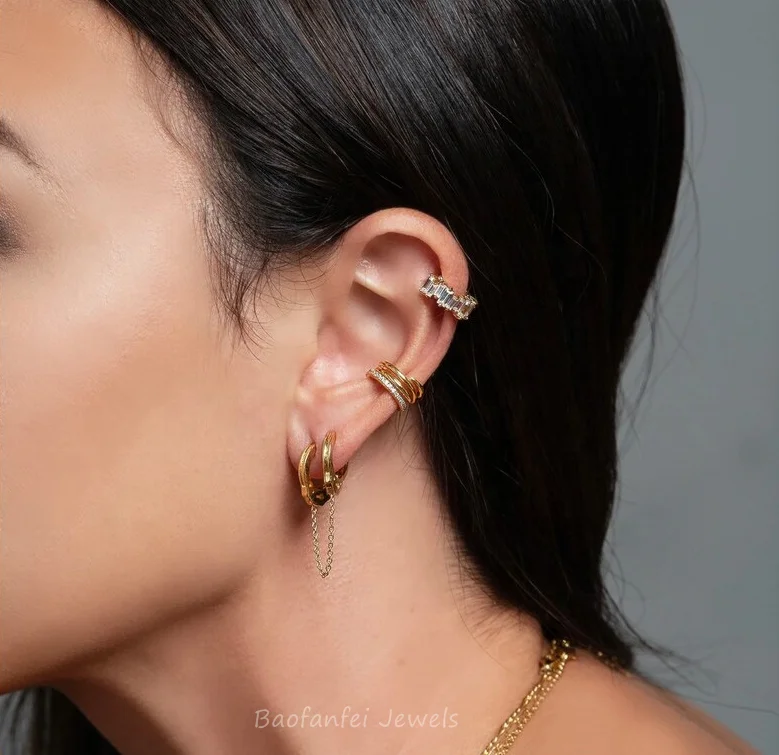 Baguette Zirconia Ear Cuff  925 Sterling Silver 18K Gold  Dazzling CZ Ear Cuff No Piercing Cz Huggie  for Women