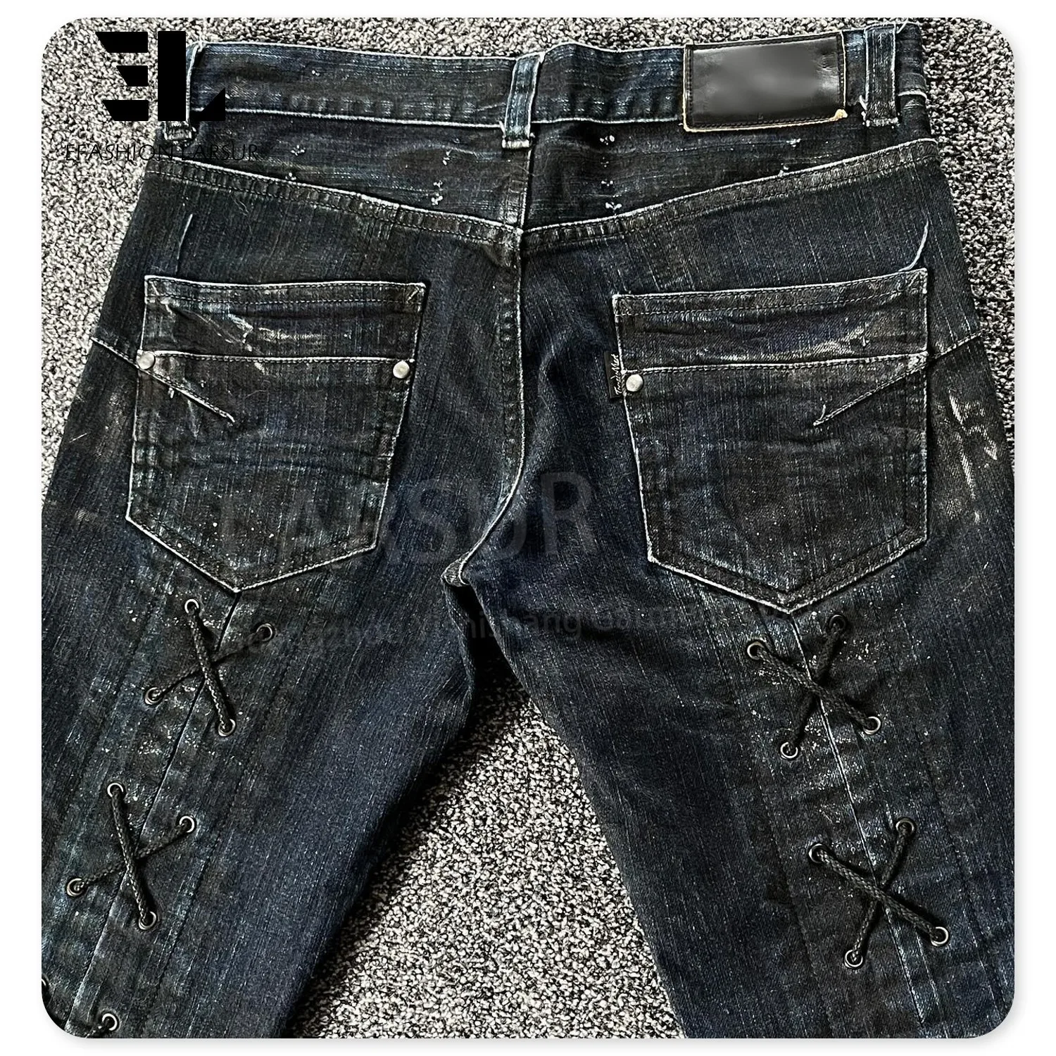 LARSUR Custom factory distress faded wash flare jeans men slim hand dirty wax coated dirty flare denim pants