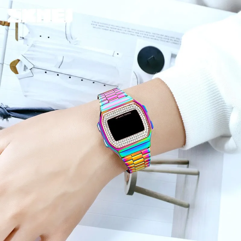 Classic Luxury Square Diamond Dial stainless steel band female LED electronic WristWatch
