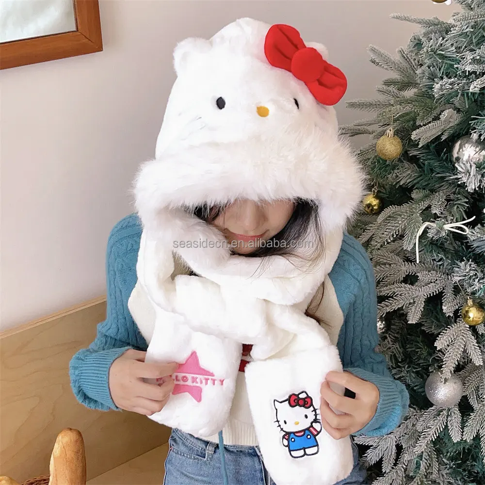 New Design Fashion Hello KT 3 in 1 Hats Scarf Gloves Soft Outdoor Winter Warm Women Girl Sanrioed Kuromie hats