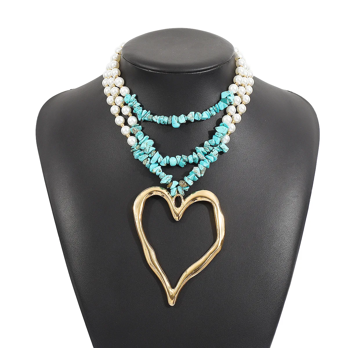 Bohemian Style Multi Layer Chunky Large Heart Beaded Necklace Fashion Pearl Turquoise Necklace Jewelry Women