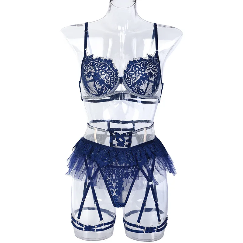 New Arrival  Navy Color Women Bubble Skirt Sexy Lingerie Set Soft Lace Sex Underwear