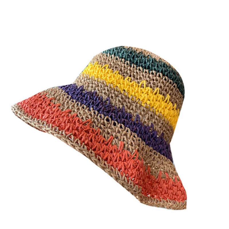 Foldable Wide Brim Colorful Crochet Straw Hat Summer Holiday Vacation Crochet Bucket Hat