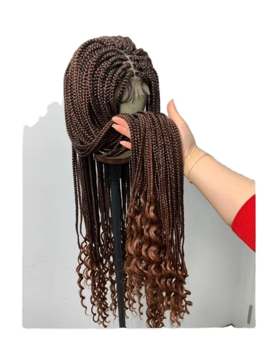 Hot selling 4*4 closure wig braid wig hand made African  Braided 34 inch half braids half curls