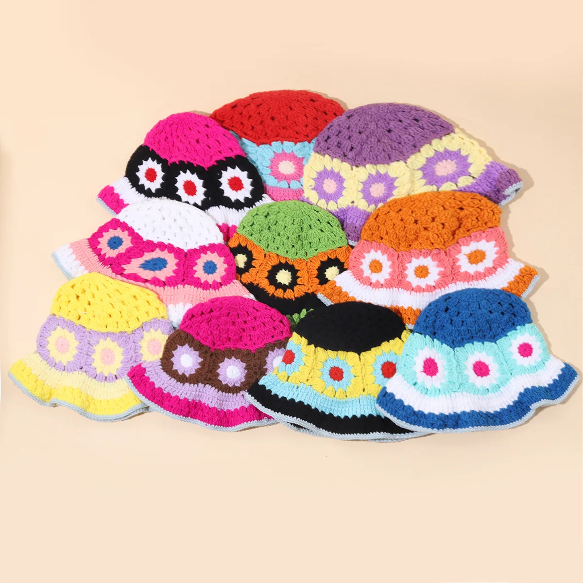 Crochet Bucket Hat Cherry Knitted Woolen Hat for Women Cute Beanies Cap Fall Winter Warm Fashion Splice Hat Beach