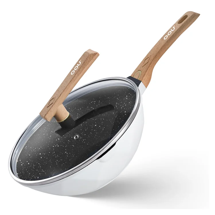 OOU Factory Direct Sale Fast Heat Conduction Automatic Induction Temperature Medical Stone Non Stick Chinese Cooking Wok Pan