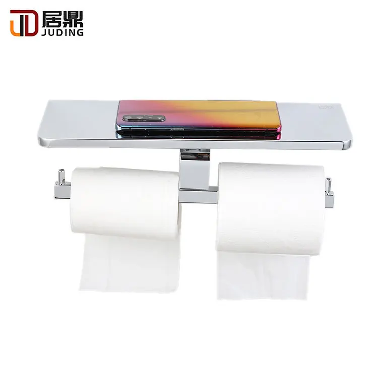 Aluminium Wall Mounted Bathroom Double Tissue Roll Paper Holder With Shelf