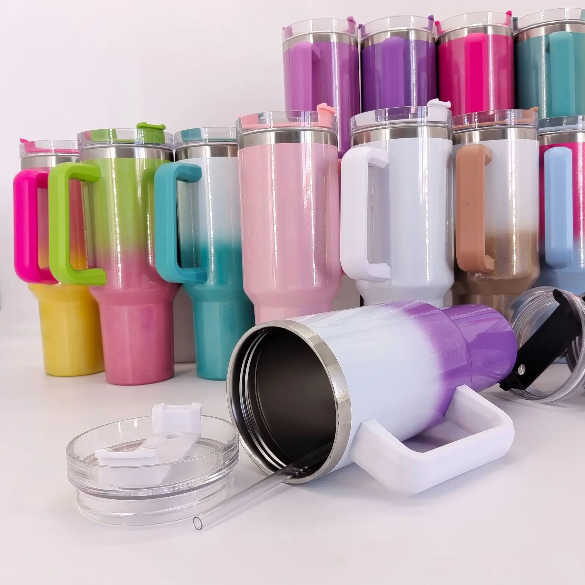 40oz Sublimation Lead Free Powder Coated Stainless Thermo Mug Rainbow Tumbler With Lid and Handle