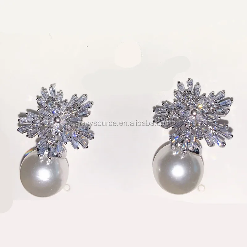 RE4093-1 Women Pearls Drop Earrings Silver Cubic Zirconia Earrings Sparkling Snowflake Earring
