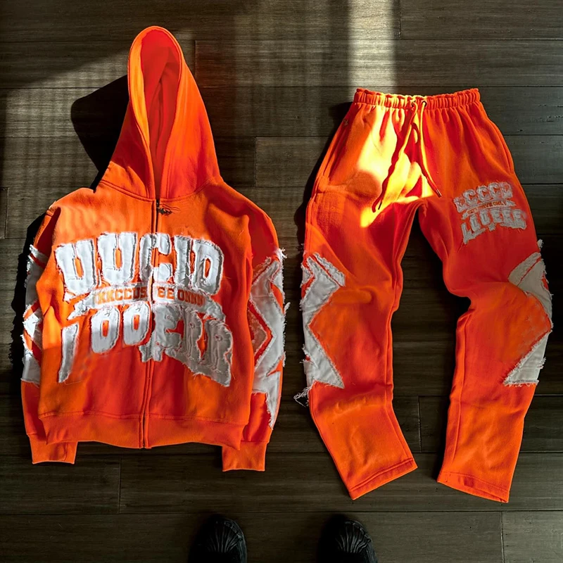 YSJY Custom Zip Up Sweatsuit Manufacturer Distress Patch Acid Wash Hoodie And Sweatpants Set Flared Tracksuit For Men