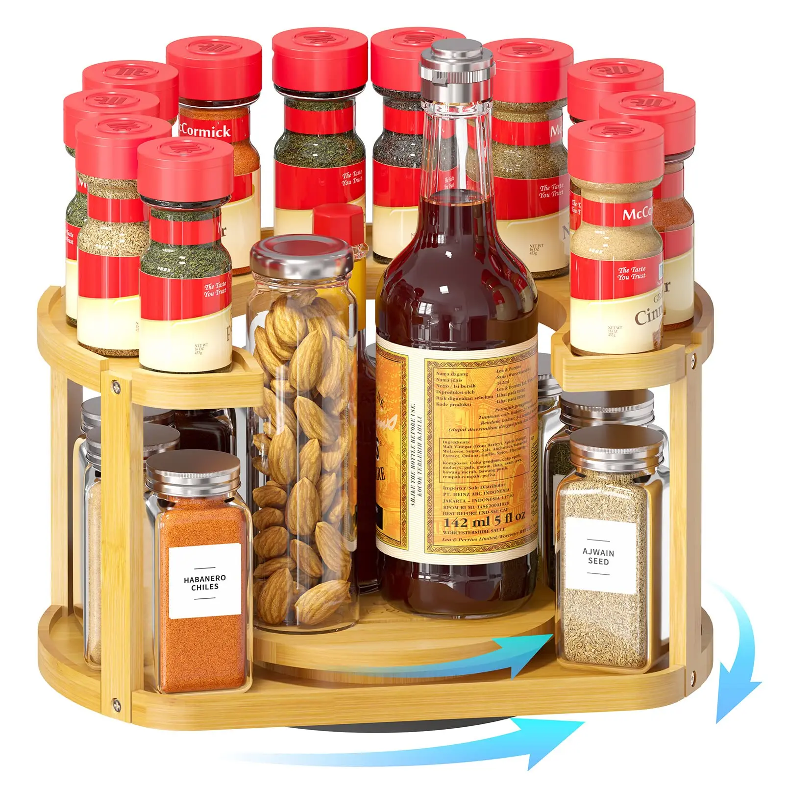 Bamboo Rotating Spice Rack Organizer Turntable , Spice Spice Jars For Cabinet, Home Kitchen Spices Spinning Rotating Shelf Racks
