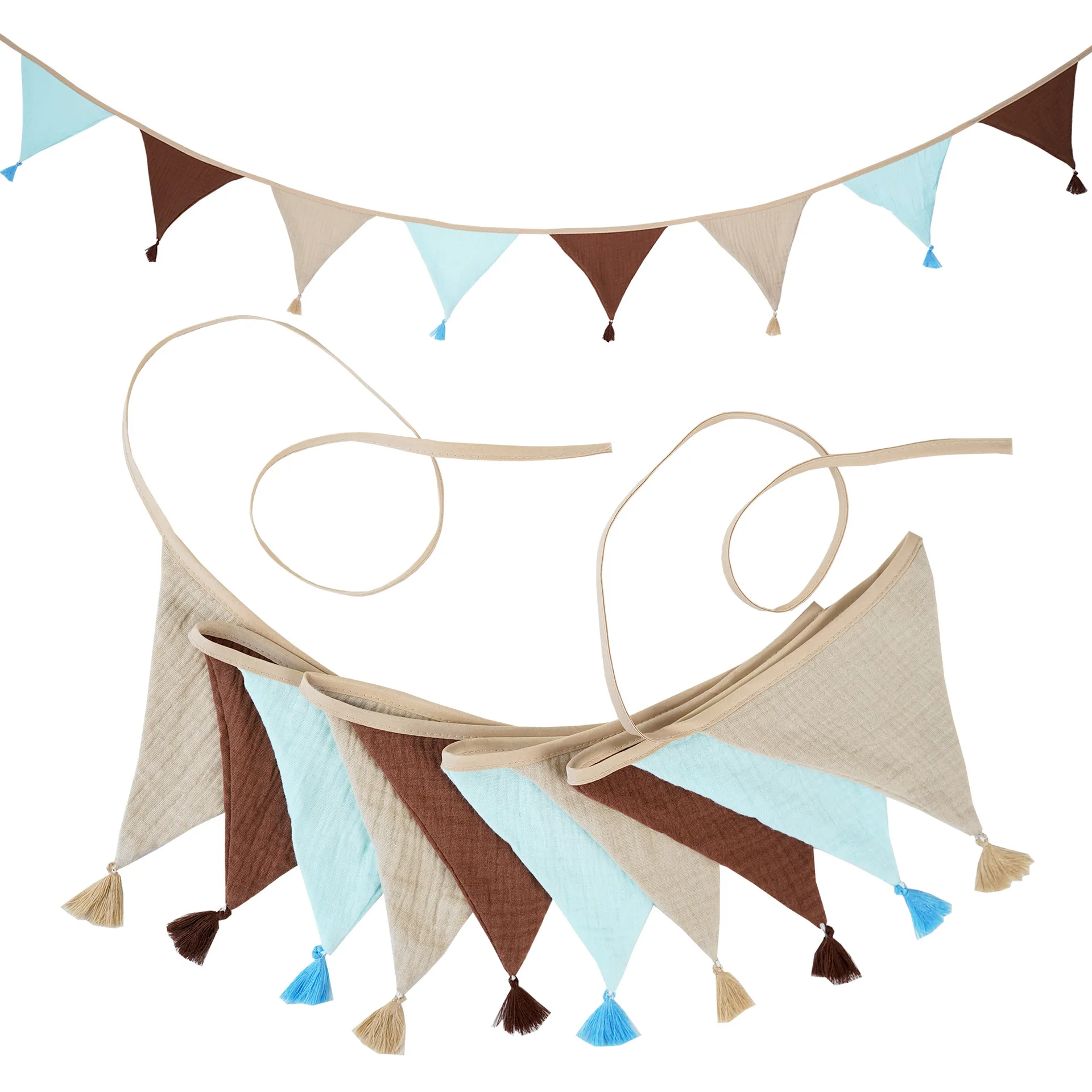 12 PCS  Fringed Burlap Banner Burlap Triangle Pennant Flag  Cotton Muslin Gauze Bunting Garland Streamers for Baby Shower