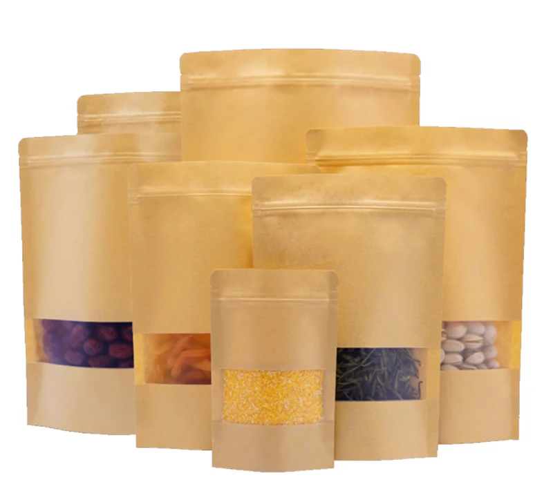 Thickened Brown Stand Zipper Kraft Paper Food Bag With Transparent Window Kraft Paper Zipper Packaging For pet Food/Tea Pouch