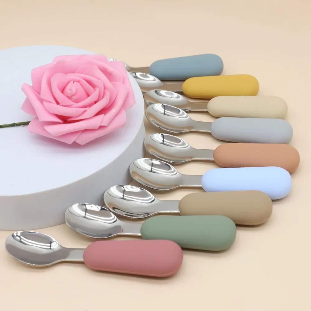 Hot Sale Safety BPA Free Cucharas Set Mini Feeding Wooden Spoon Silicone Baby Spoon Fork Set For Training