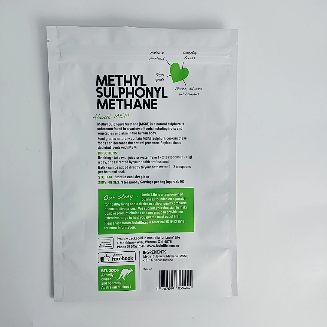 Matte Metallic Foil Moisture-proof  Window Stand up Easy tear zipper Glucosamine/MSM Powders Bag