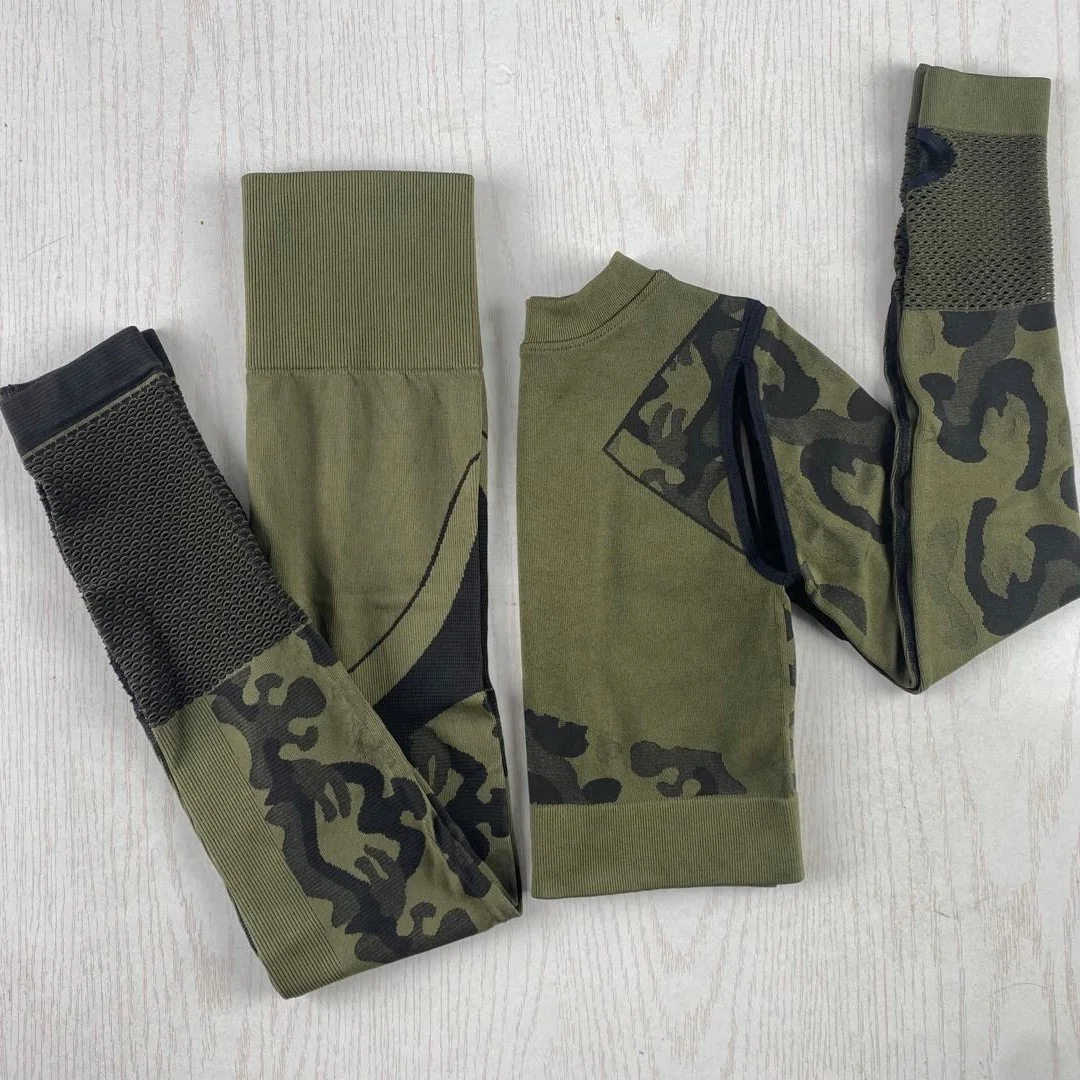 
Camouflage 2pcs yoga suits women seamless sports long sleeve tight gym fitness clothing 