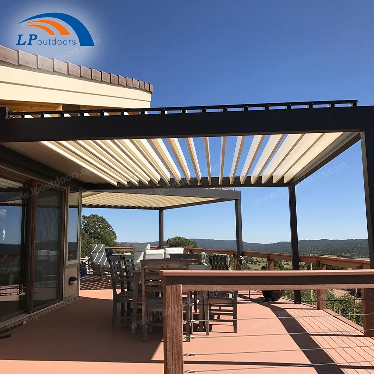 aluminum windproof terrace pergola automatic garden shade pergola louvered roof for coffee shops