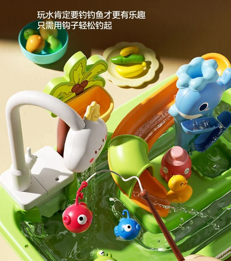QW 2024 Unisex Kids Pretend Play Electric Kitchen Sink Set Hot Sale Fun Vegetable Basin Toys Made of Durable Plastic