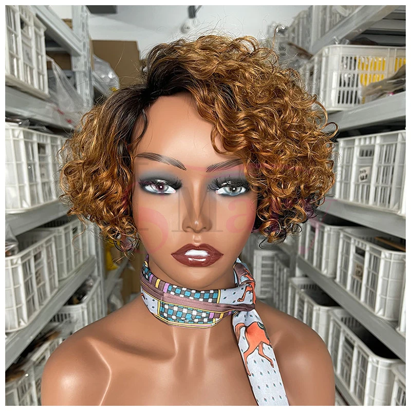 Cheap Price 1b/30 Color Machine Make Curly Wigs Short Pixie Cut Brazilian Virgin Human Hair Wigs Vendors For Black Women