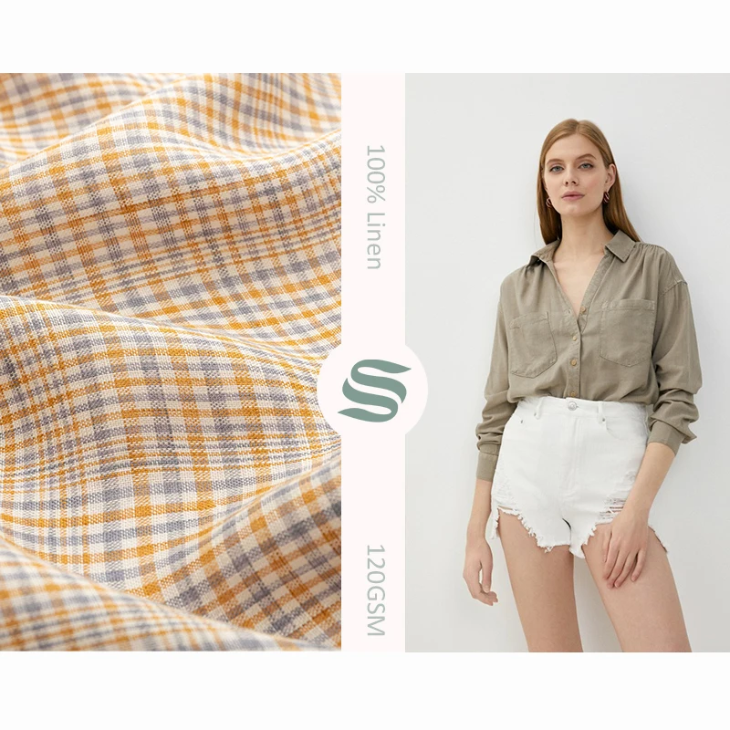 Factory wholesale custom print 100% natural linen fabric check yarn dyed fabric for shirt