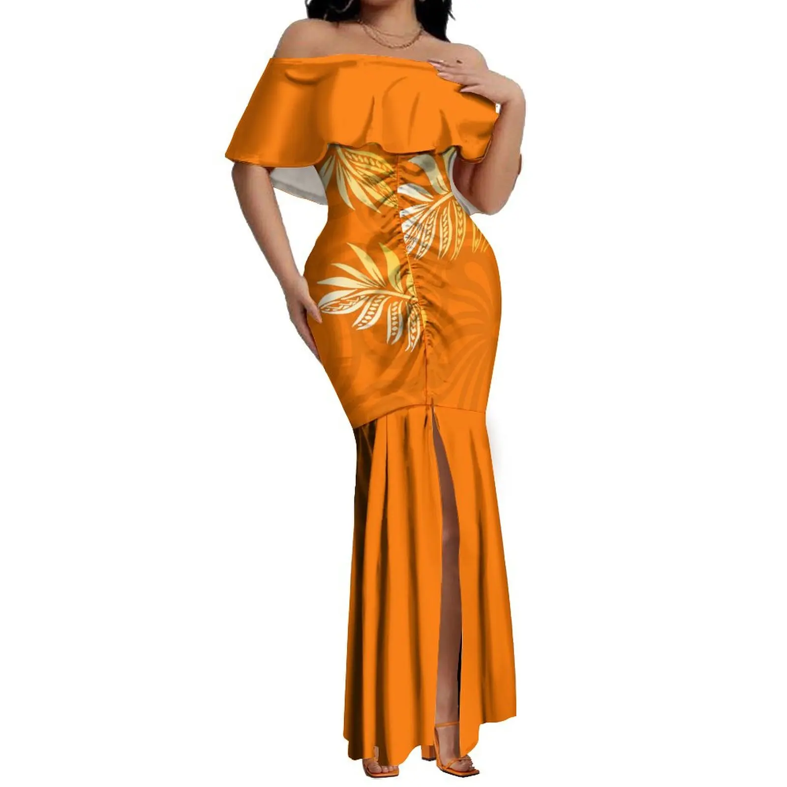 High Quality Customize Frill Off The Shoulder Split Long Dress Polynesian Design Pleated Ladies Dress Plus Size Womens Clothing