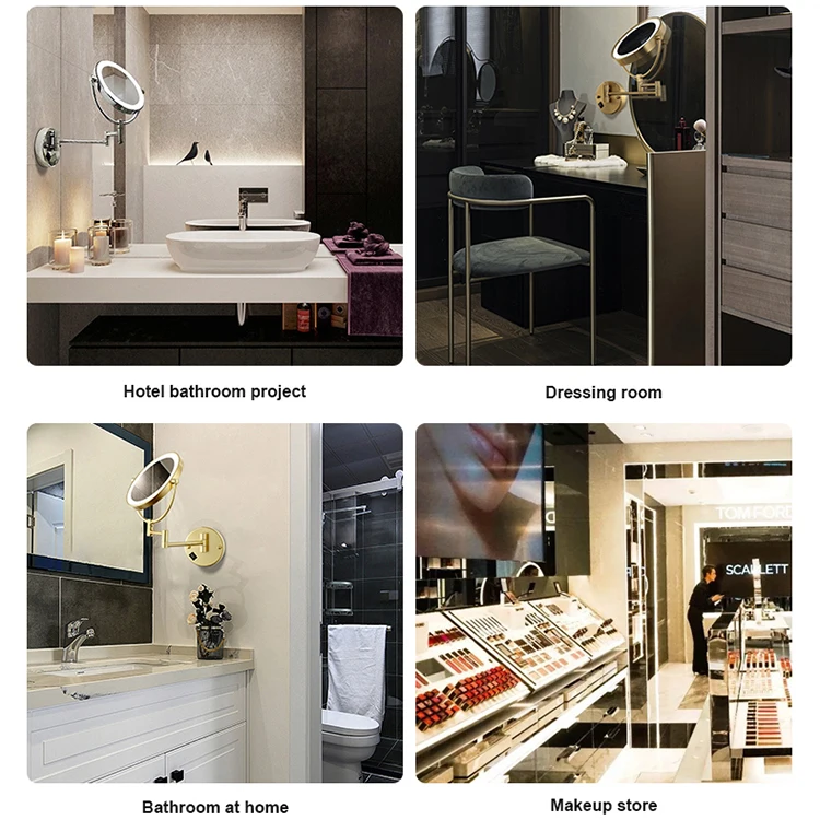 Factory Best Led Light Magnifying Mirror Wall Hanging Folding Bathroom Towing Shower Matte Black Makeup Mirrors For Hotel