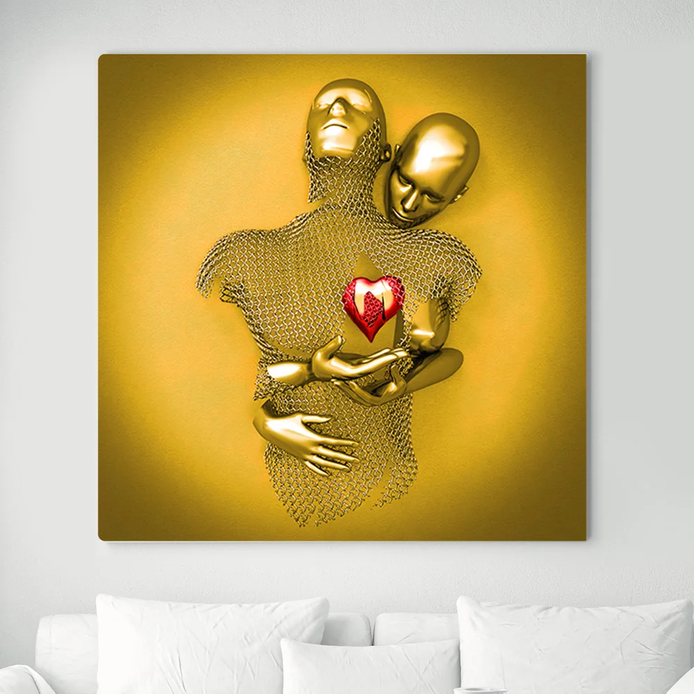 Luxury Custom Portrait Painting Abstract Golden Sculpture Kiss Lover Wall Art  Canvas Painting For Home Decor