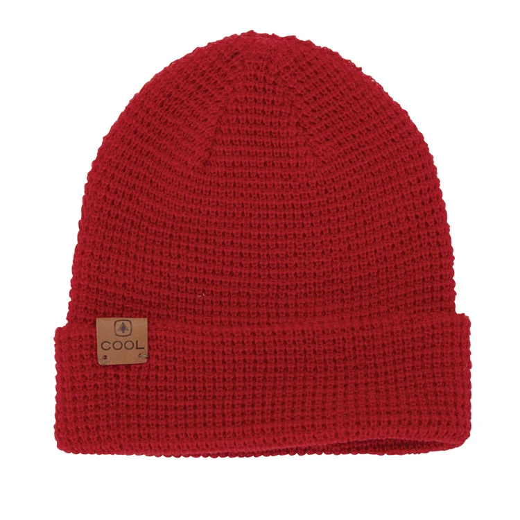 Wholesale Custom High Quality Cheap Leather Patch Logo Waffle Knitted Beanies Hats
