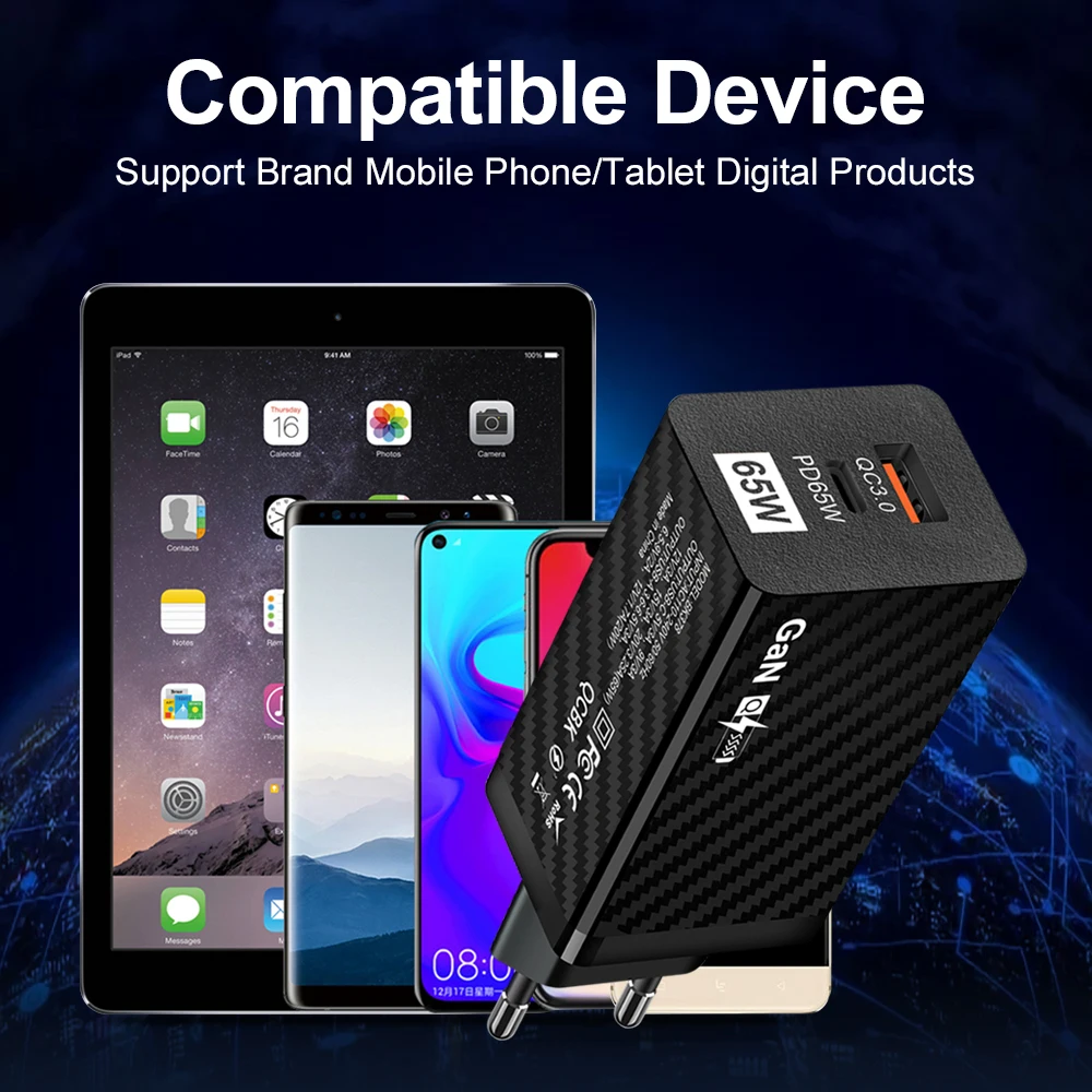 2022 Drop shipping private label customization OEM support EU US standard QC3.0 fast charging PD 65W GAN wall charger adapter